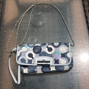 Coach blue/grey wristlet with chain strap
